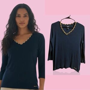 Jones New York Navy V-Neck Sweater with Gold Scallop Trim
